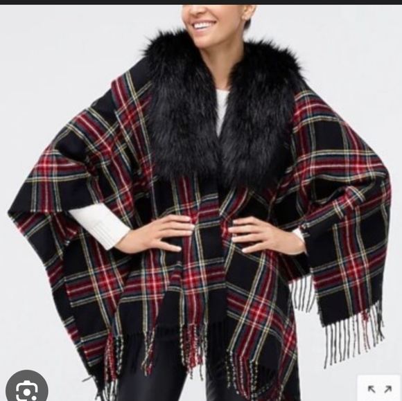 J. Crew Tops - Plaid Fringe Poncho w Faux Fur J Crew Nwt One Size Trendy Poncho